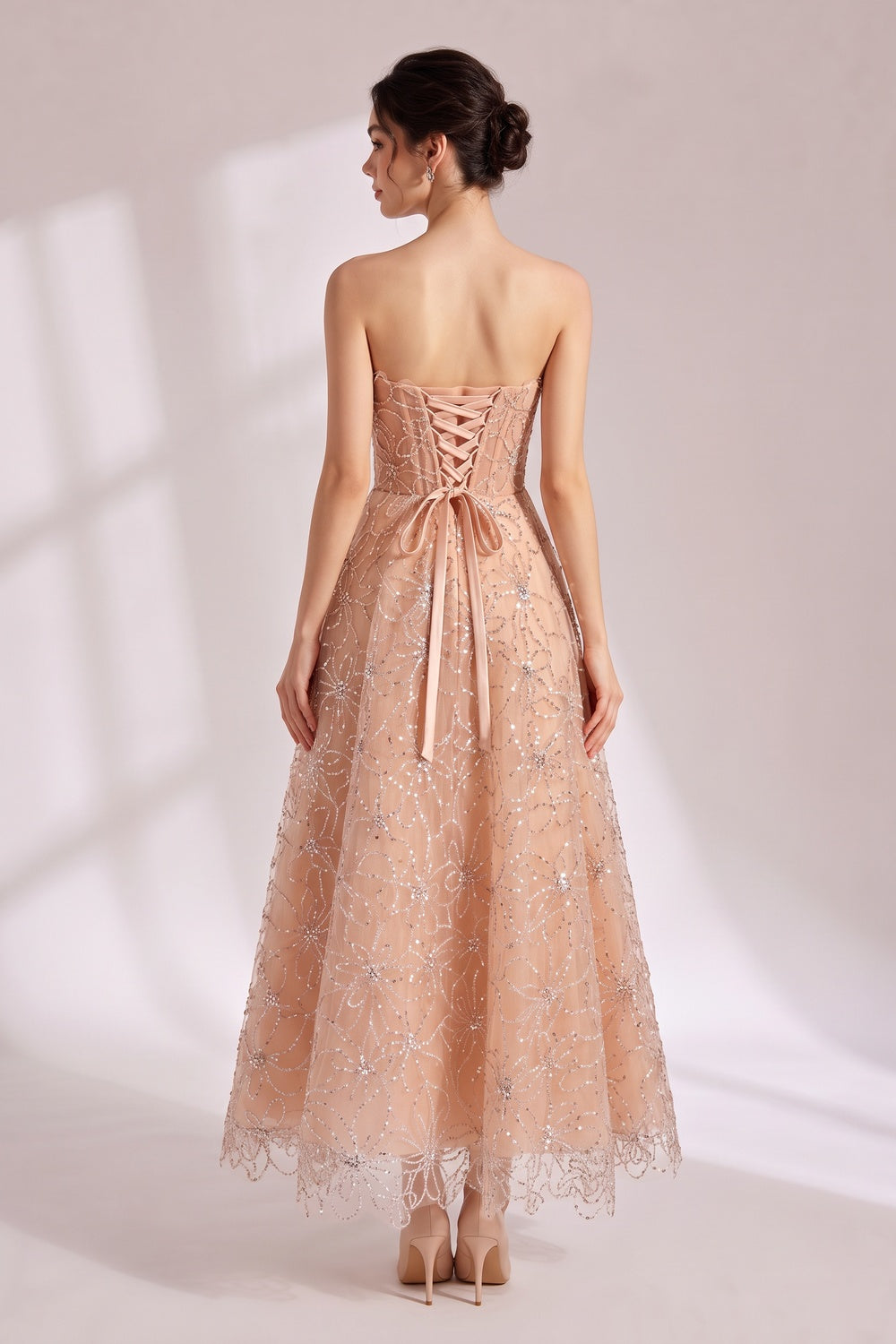 Nude Beaded Strapless Maxi Dress - OWNCI