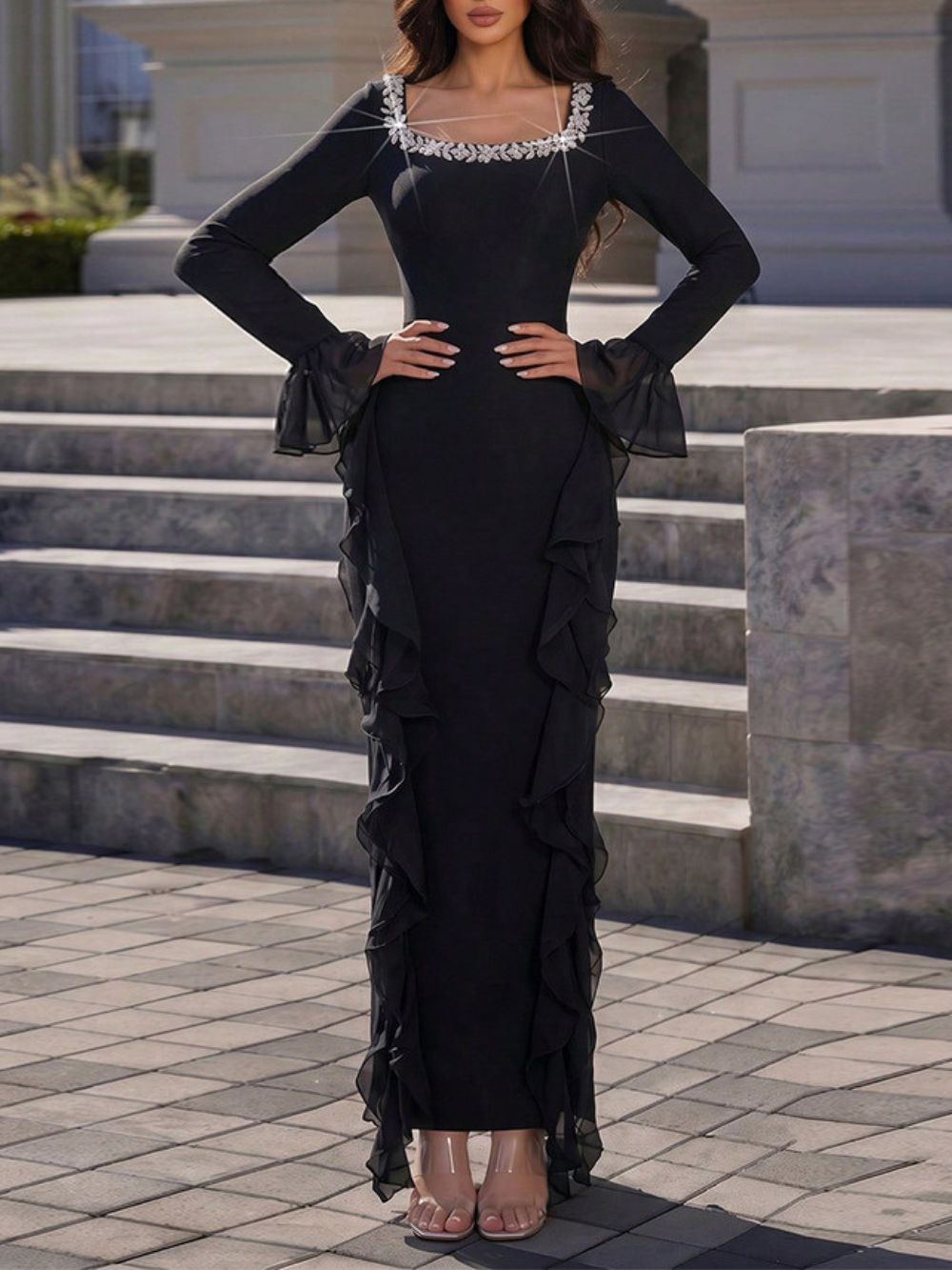 Long Sleeve Crystal Ruffle Detail Maxi Dress Black - OWNCI Long Sleeve Crystal Ruffle Detail Maxi Dress Black - OWNCI
