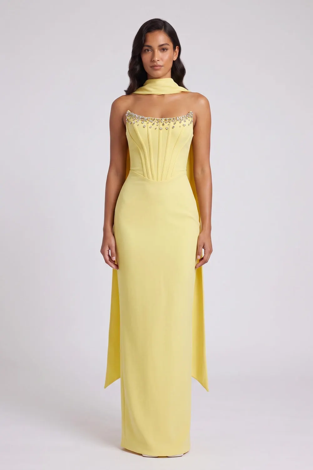 Yellow Halter Maxi Dress with Open Back and Bow Detail - OWNCI