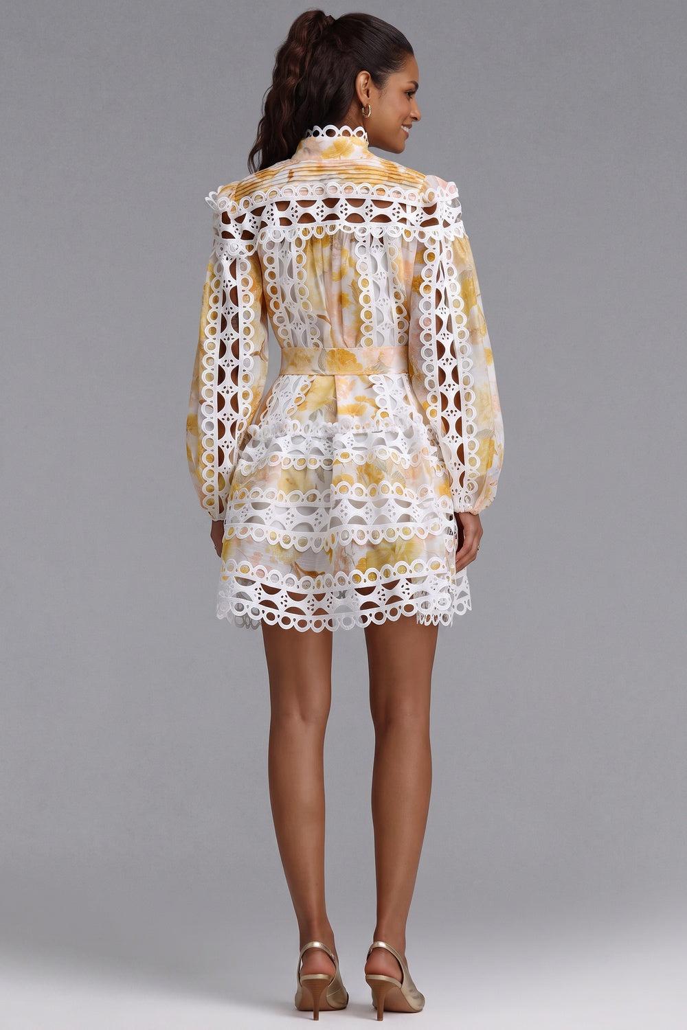 White & Yellow Floral A-Line Mini Dress with Lace Panels - OWNCI