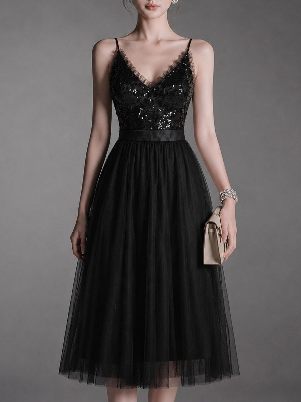 Maureen Black Spaghetti Mesh Midi Dress - OWNCI
