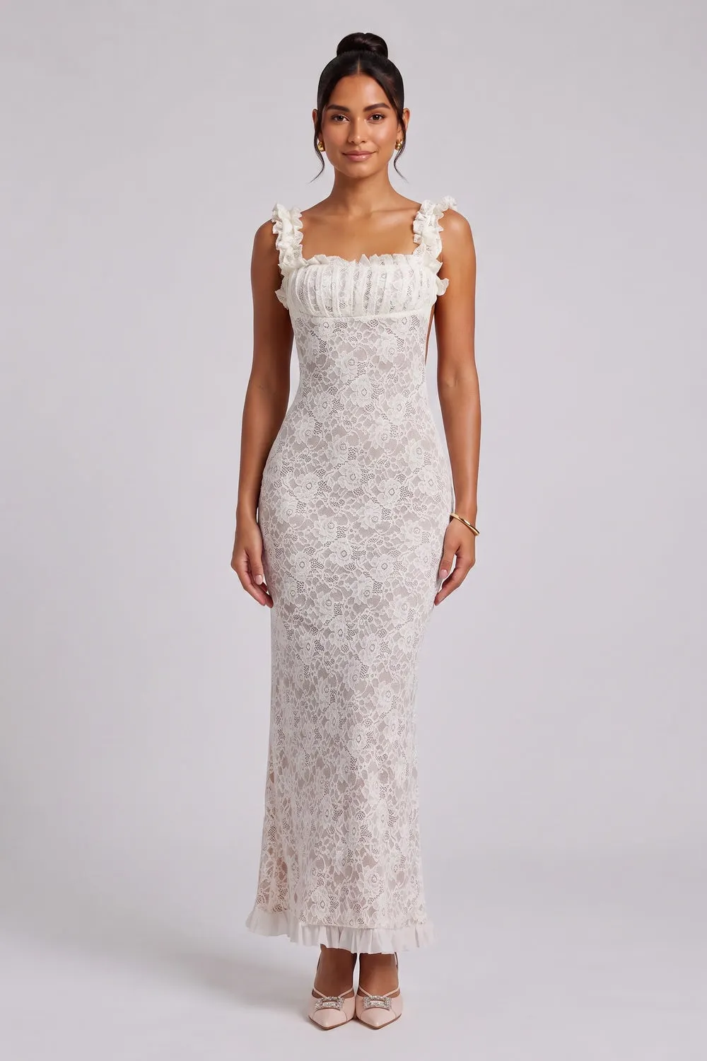 White Lace Maxi Dress with Ruffled Square Neckline - OWNCI White Lace Maxi Dress with Ruffled Square Neckline - OWNCI