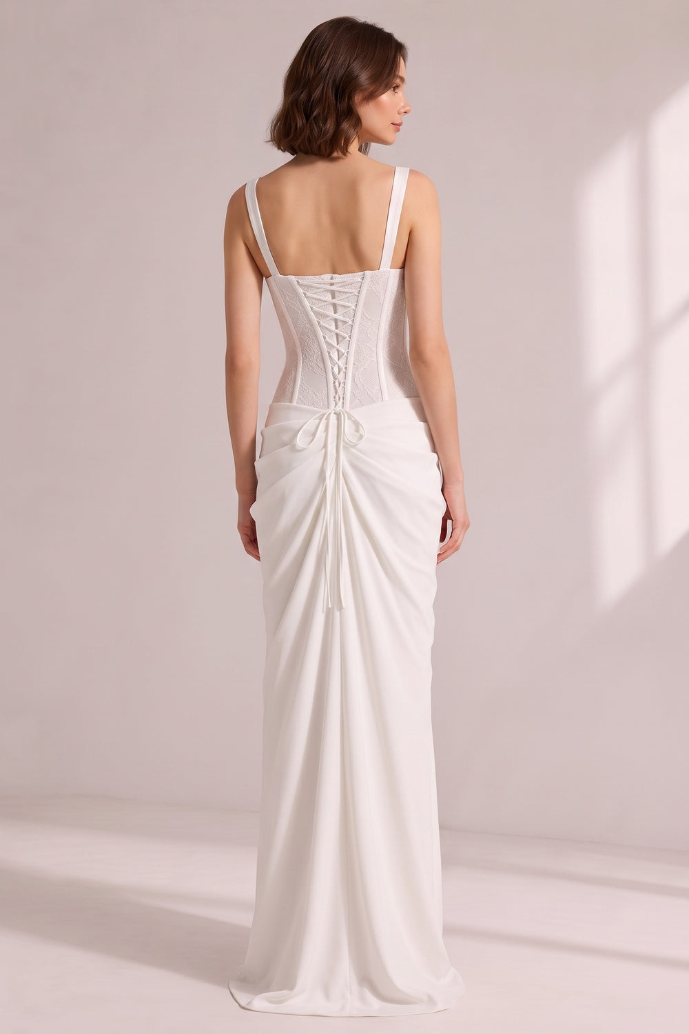 White Lace Corset Spaghetti Strap Draped Satin Maxi Gown - OWNCI White Lace Corset Spaghetti Strap Draped Satin Maxi Gown - OWNCI
