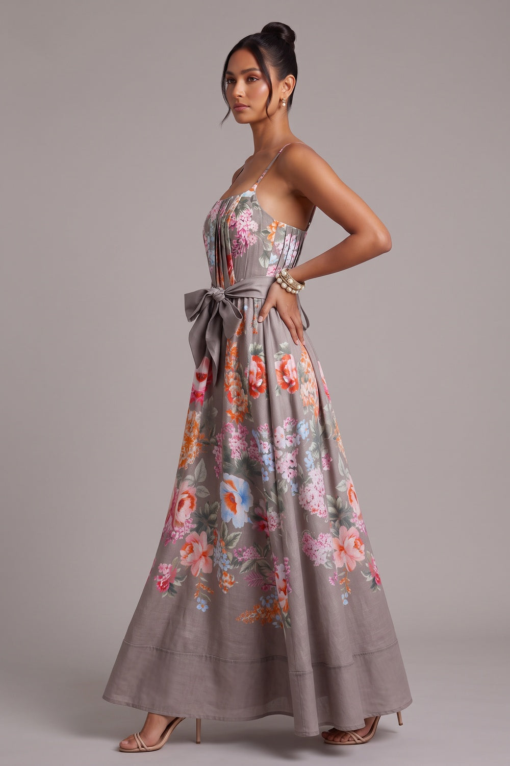Taupe Linen-Blend A-Line Floral Maxi Dress - OWNCI Taupe Linen-Blend A-Line Floral Maxi Dress - OWNCI