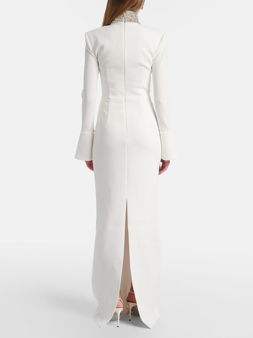 Long Sleeve Crystal Mesh Maxi Dress White - OWNCI