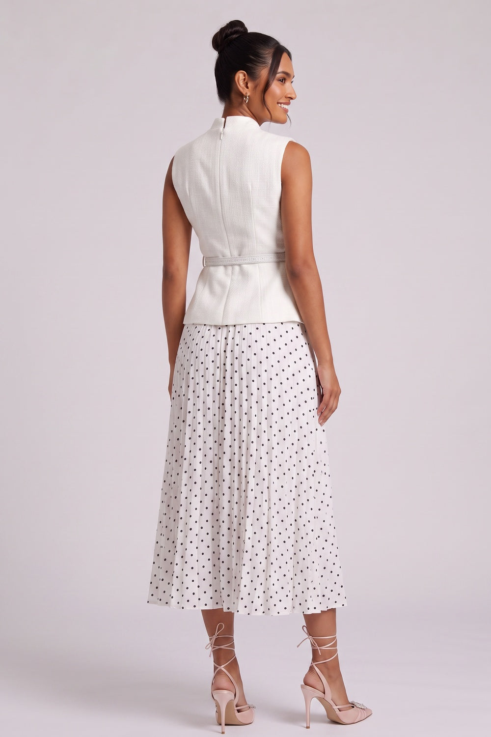 Sleeveless Textured Vest & Polka‑Dot Pleated Midi Skirt Two‑Piece Set - OWNCI Sleeveless Textured Vest & Polka‑Dot Pleated Midi Skirt Two‑Piece Set - OWNCI
