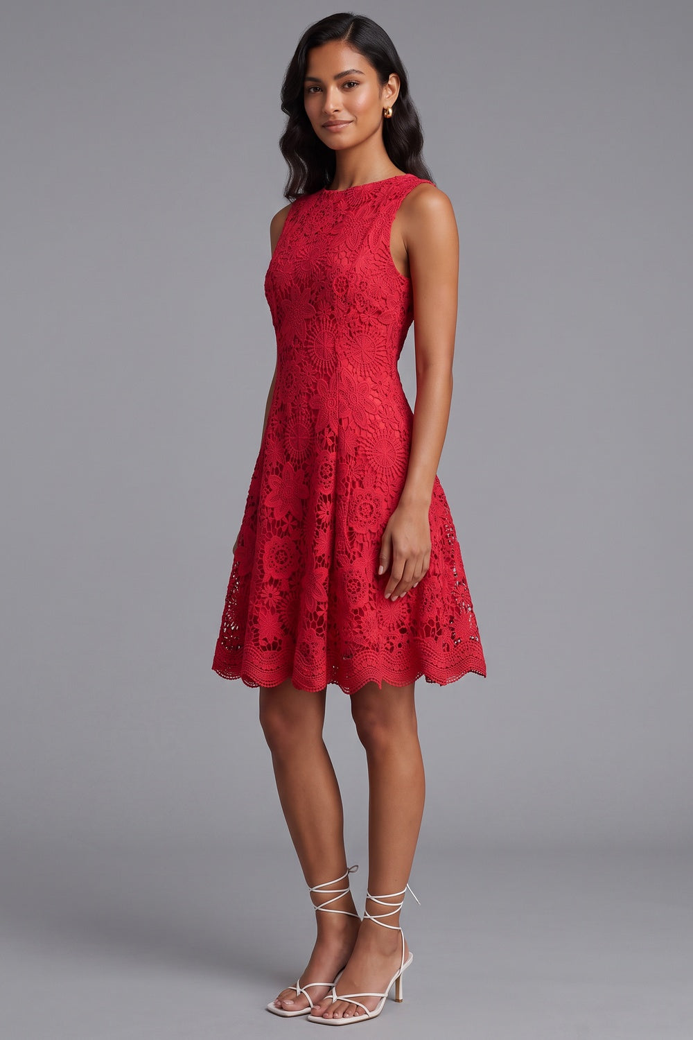 Red Guipure Lace Fit-and-Flare Dress - OWNCI