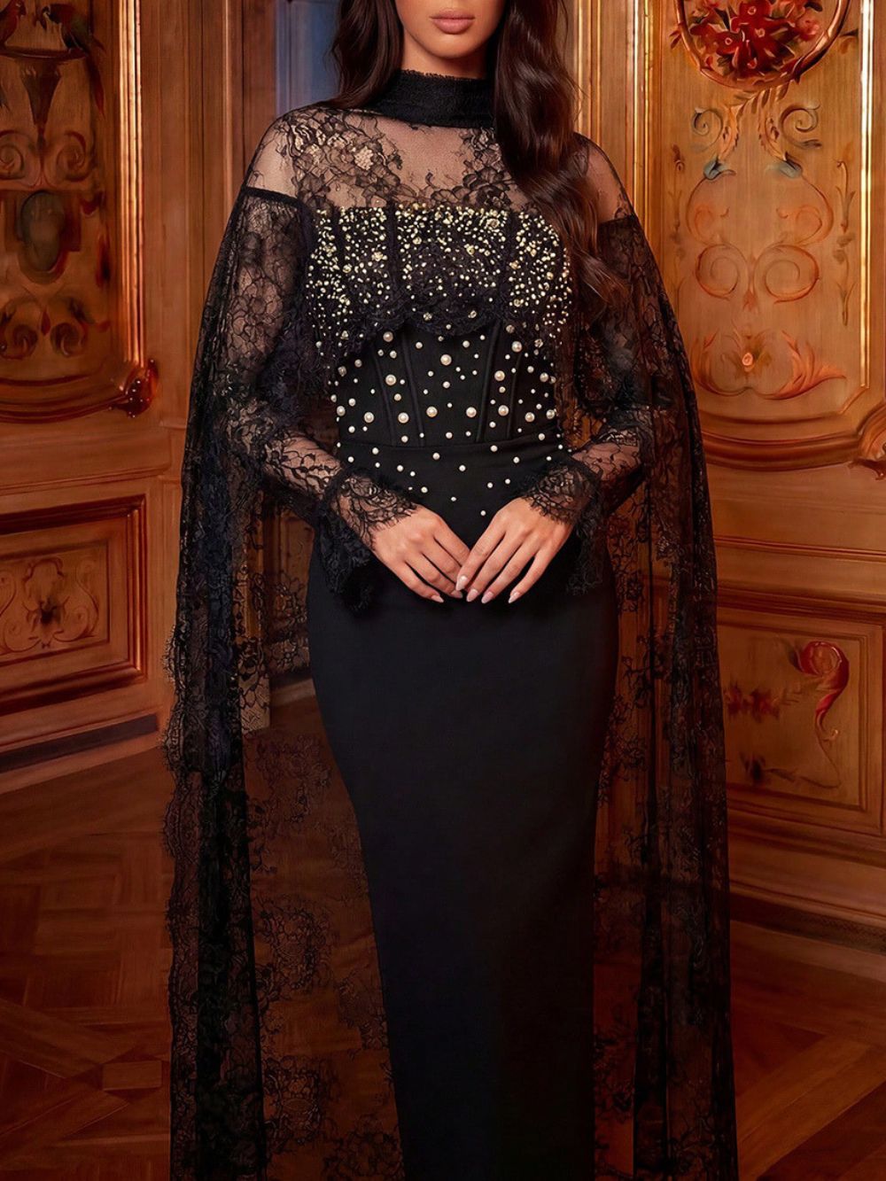 Merna Black Lace Embellished Maxi Dress - OWNCI Merna Black Lace Embellished Maxi Dress - OWNCI