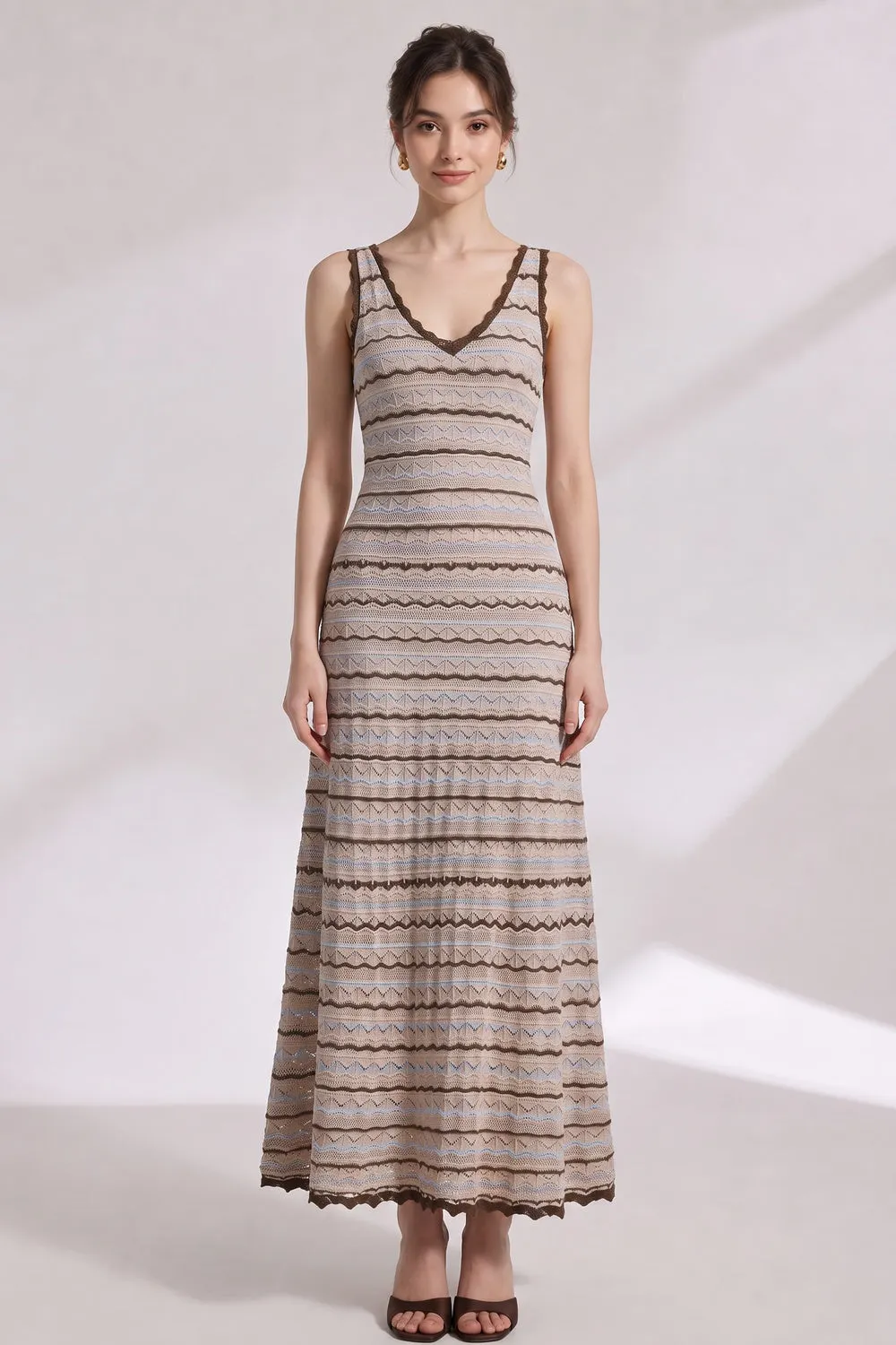 Beige Crochet-Style Knit A-Line Maxi Dress - OWNCI Beige Crochet-Style Knit A-Line Maxi Dress - OWNCI