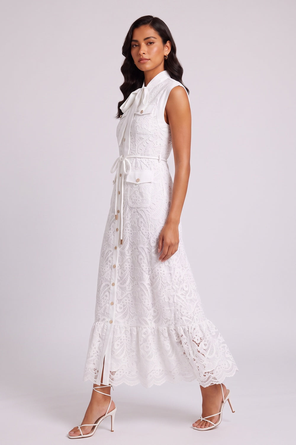 White Sleeveless Tie Neck Cargo Pocket Lace Midi Shirt Dress - OWNCI