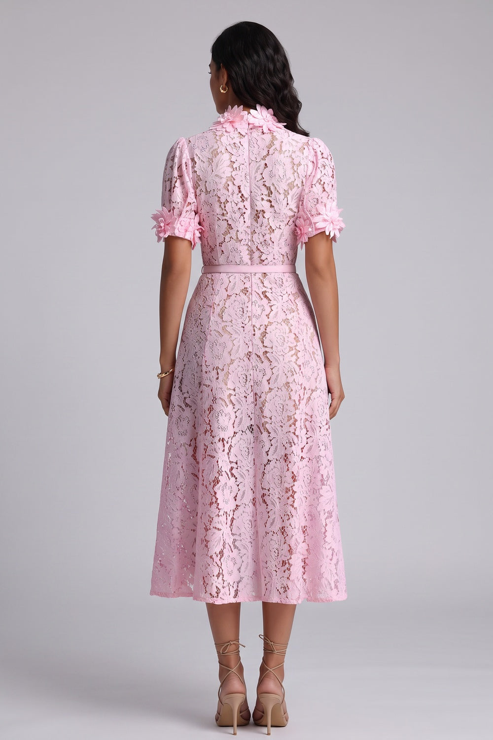 Pink Floral Lace A-Line Midi Dress - OWNCI