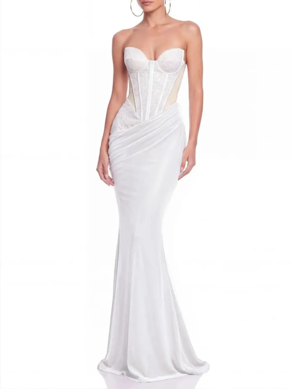 Xervik Strapless Lace Satin Maxi Dress In White - OWNCI