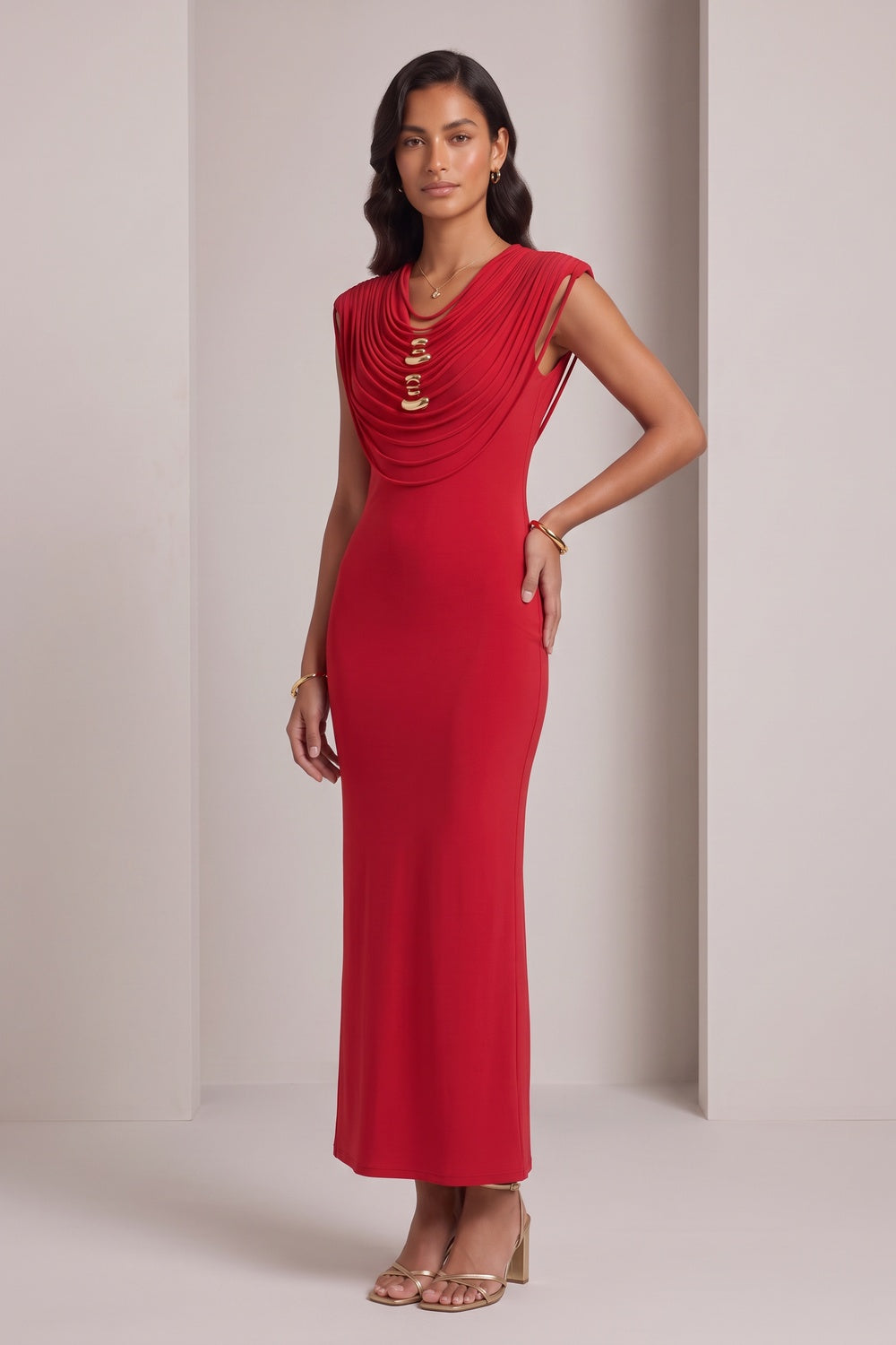 Red Stretch Jersey Or Crepe Fitted Column Dress - OWNCI