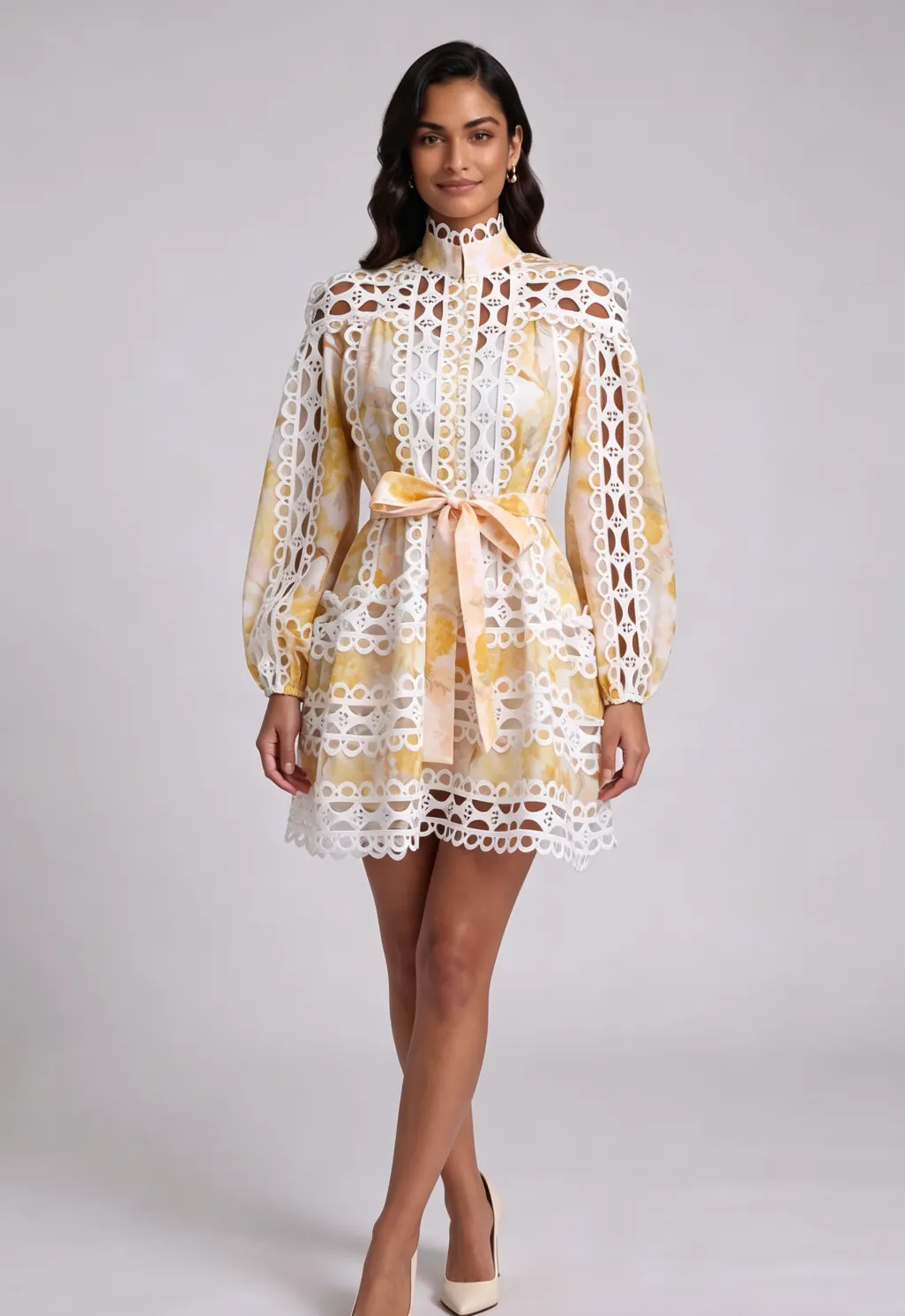 White & Yellow Floral A-Line Mini Dress with Lace Panels - OWNCI White & Yellow Floral A-Line Mini Dress with Lace Panels - OWNCI