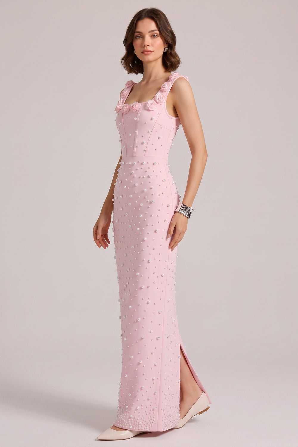 Pink 3D Rose Strap All Over Pearl Beaded Mermaid Maxi Gown - OWNCI