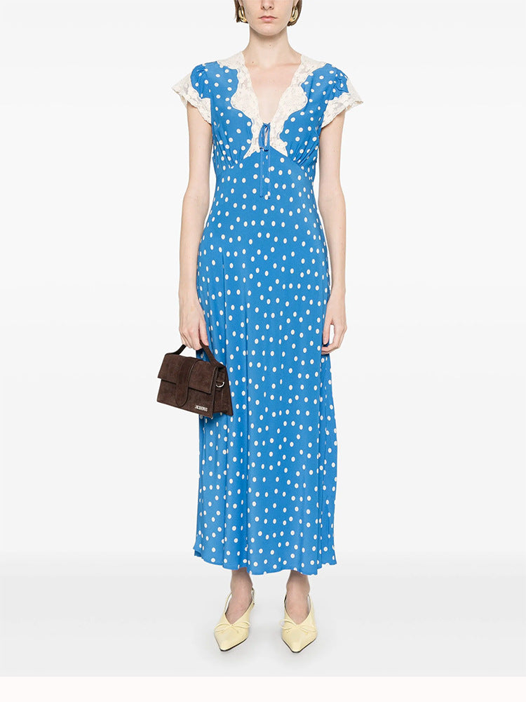 Lyuba Polka Dot Lace-Trimmed V-Neck Maxi Dress In Blue - OWNCI Lyuba Polka Dot Lace-Trimmed V-Neck Maxi Dress In Blue - OWNCI