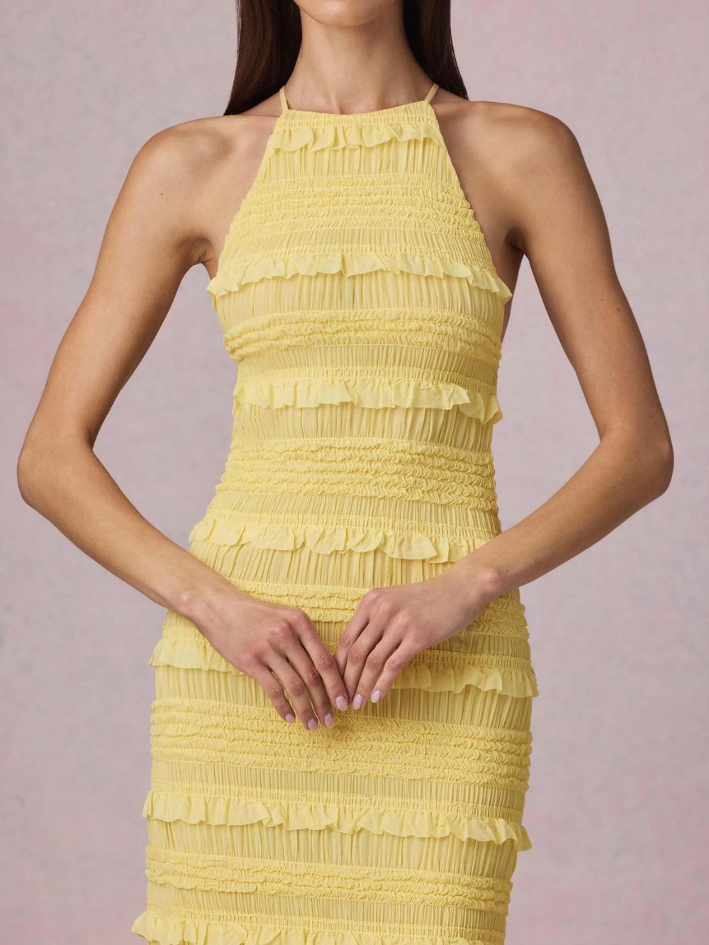 Mercedes Yellow Halter Ruffle Backless Maxi Dress - OWNCI