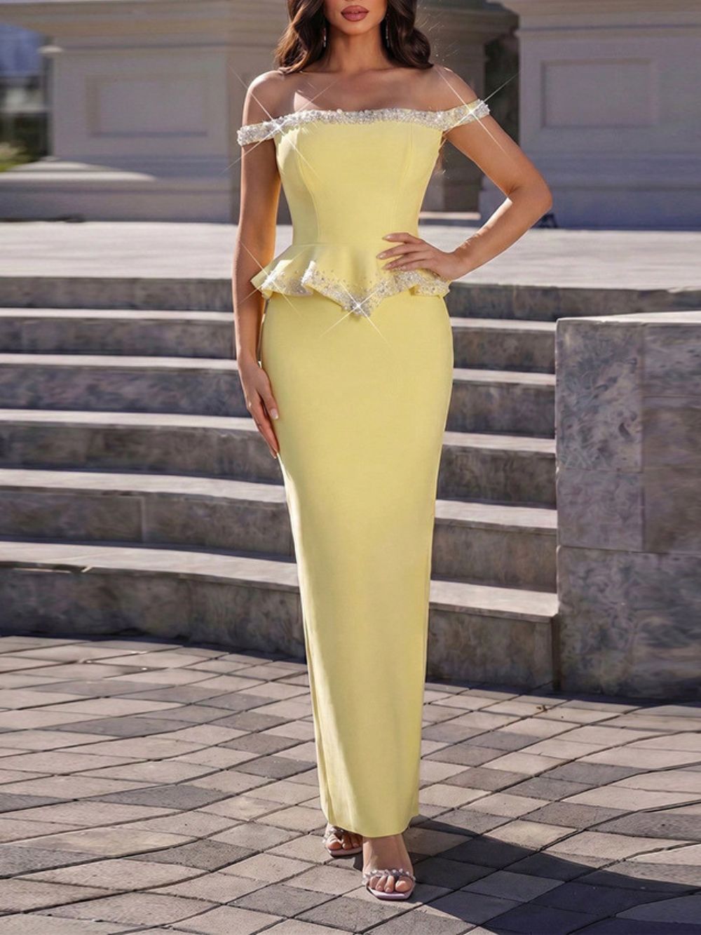 Crystal Pearl Peplum Detail Maxi Dress Yellow - OWNCI