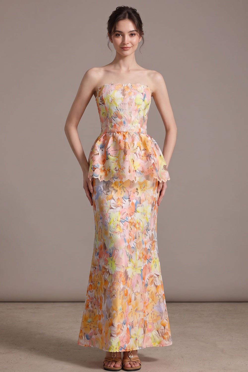 Yellow Laser-Cut Lace Column with Peplum Gown - OWNCI Yellow Laser-Cut Lace Column with Peplum Gown - OWNCI