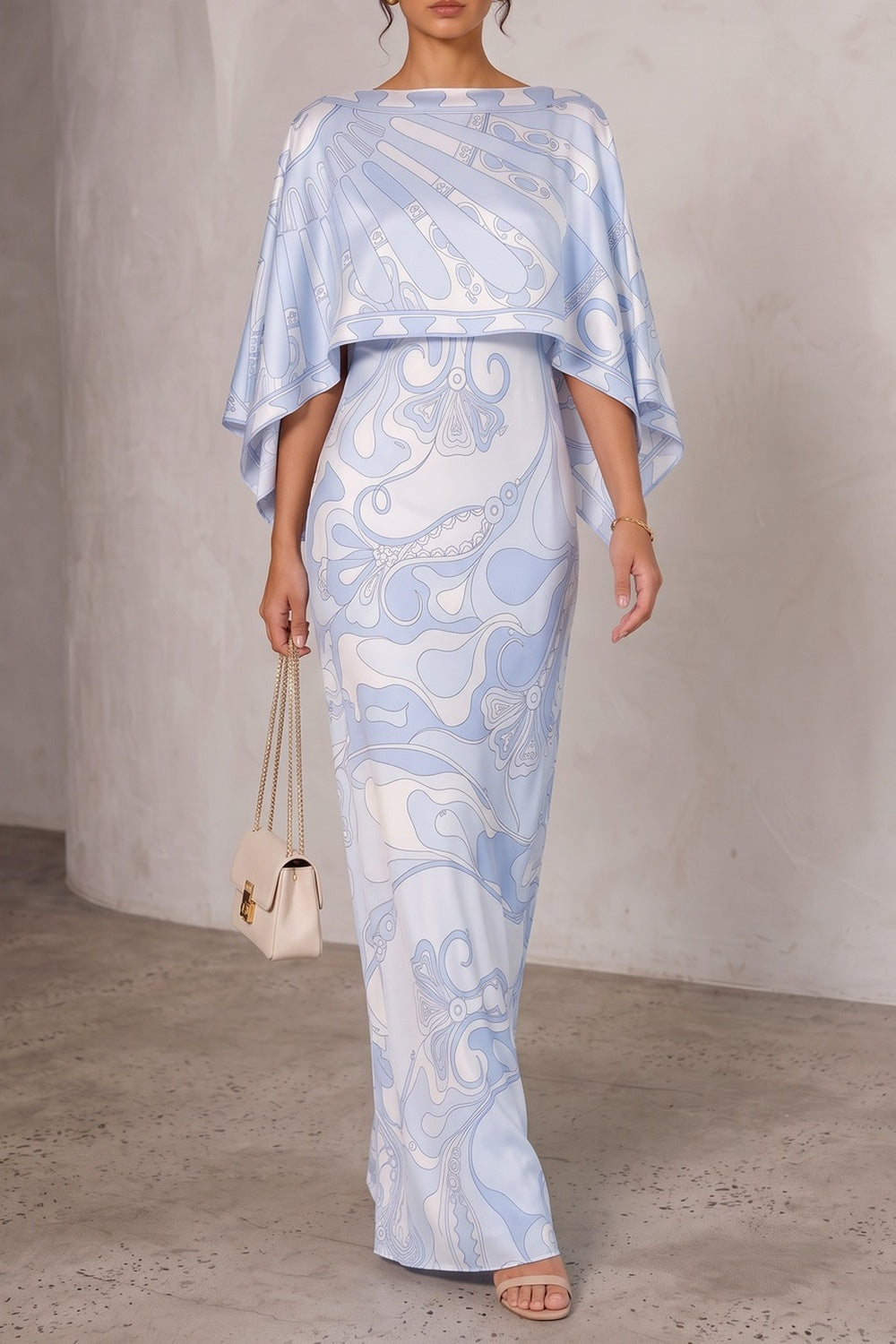 Printed Cape Satin Maxi Dress - OWNCI