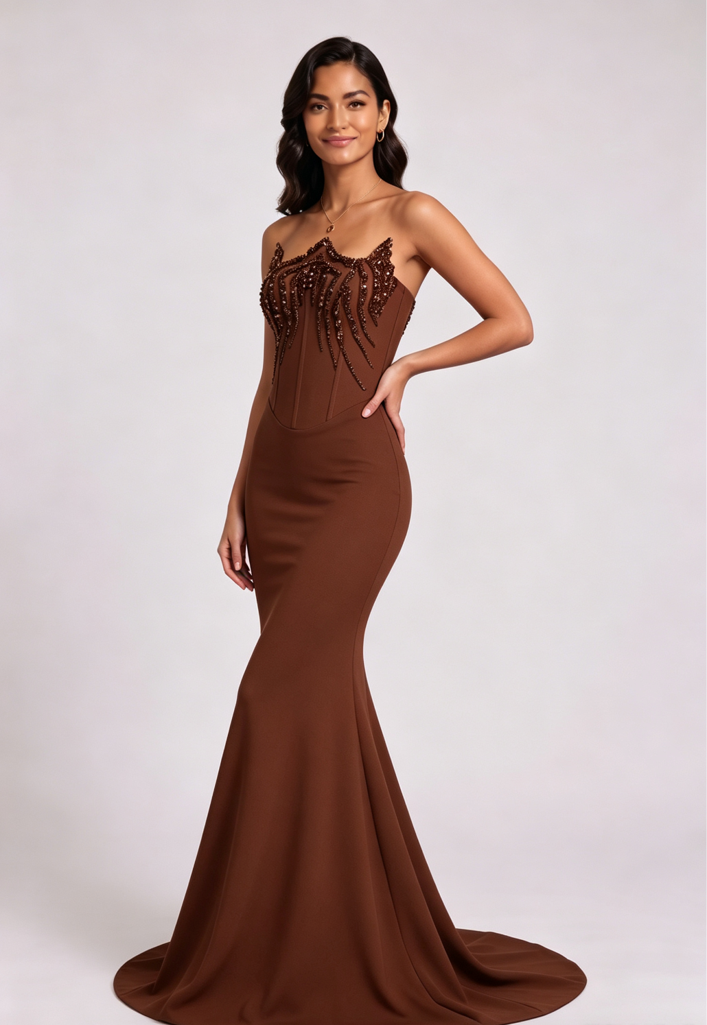 Brown Strapless Beaded Mermaid Evening Gown - OWNCI Brown Strapless Beaded Mermaid Evening Gown - OWNCI