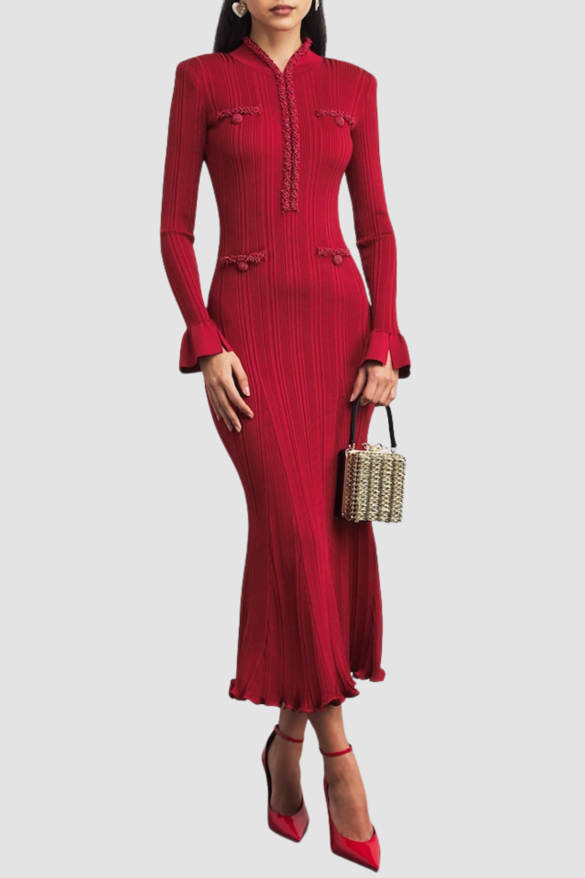 Austio Pearl Trim Knit Midi Dress - OWNCI Austio Pearl Trim Knit Midi Dress - OWNCI
