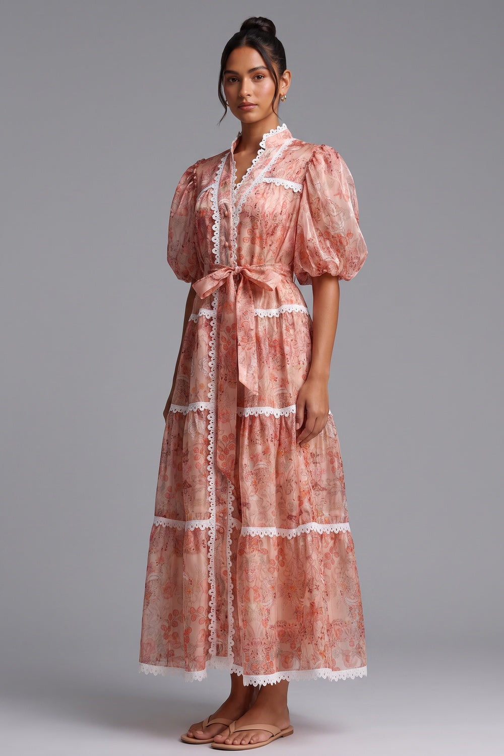 Peach Organza A-Line Tiered Maxi Dress with Botanical Floral Print - OWNCI