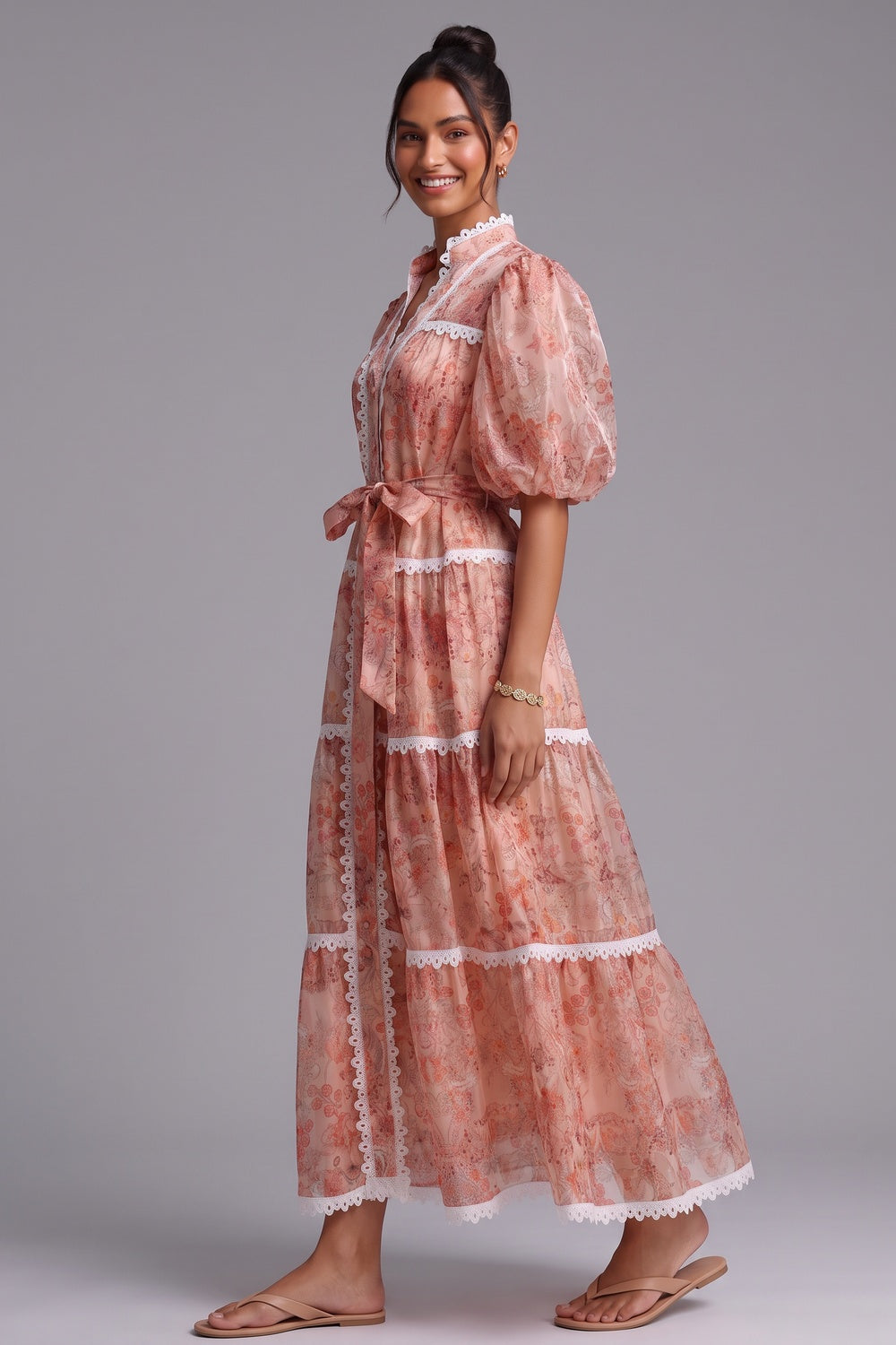 Peach Organza A-Line Tiered Maxi Dress with Botanical Floral Print - OWNCI Peach Organza A-Line Tiered Maxi Dress with Botanical Floral Print - OWNCI