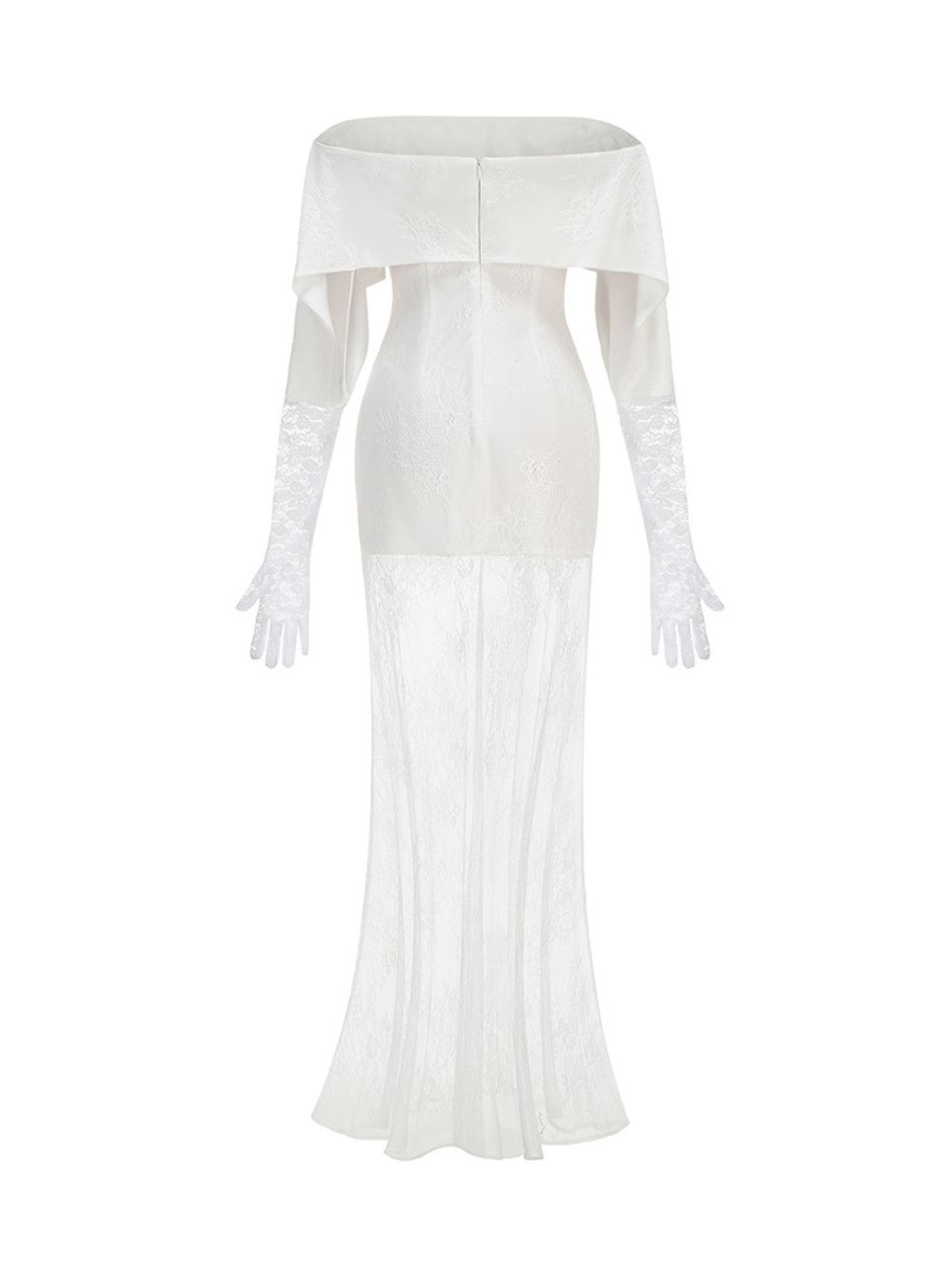 Lace Glove Sleeves Bardot Maxi Dress White - OWNCI