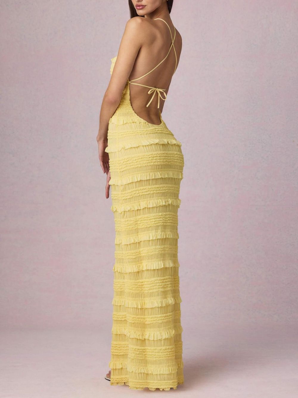 Mercedes Yellow Halter Ruffle Backless Maxi Dress - OWNCI