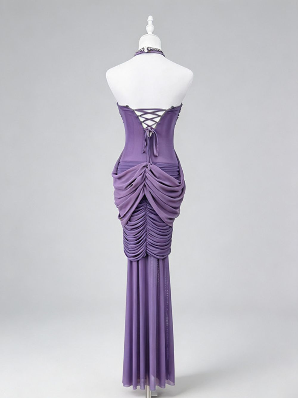 Halter Crystal Draped Corset Maxi Dress Purple - OWNCI