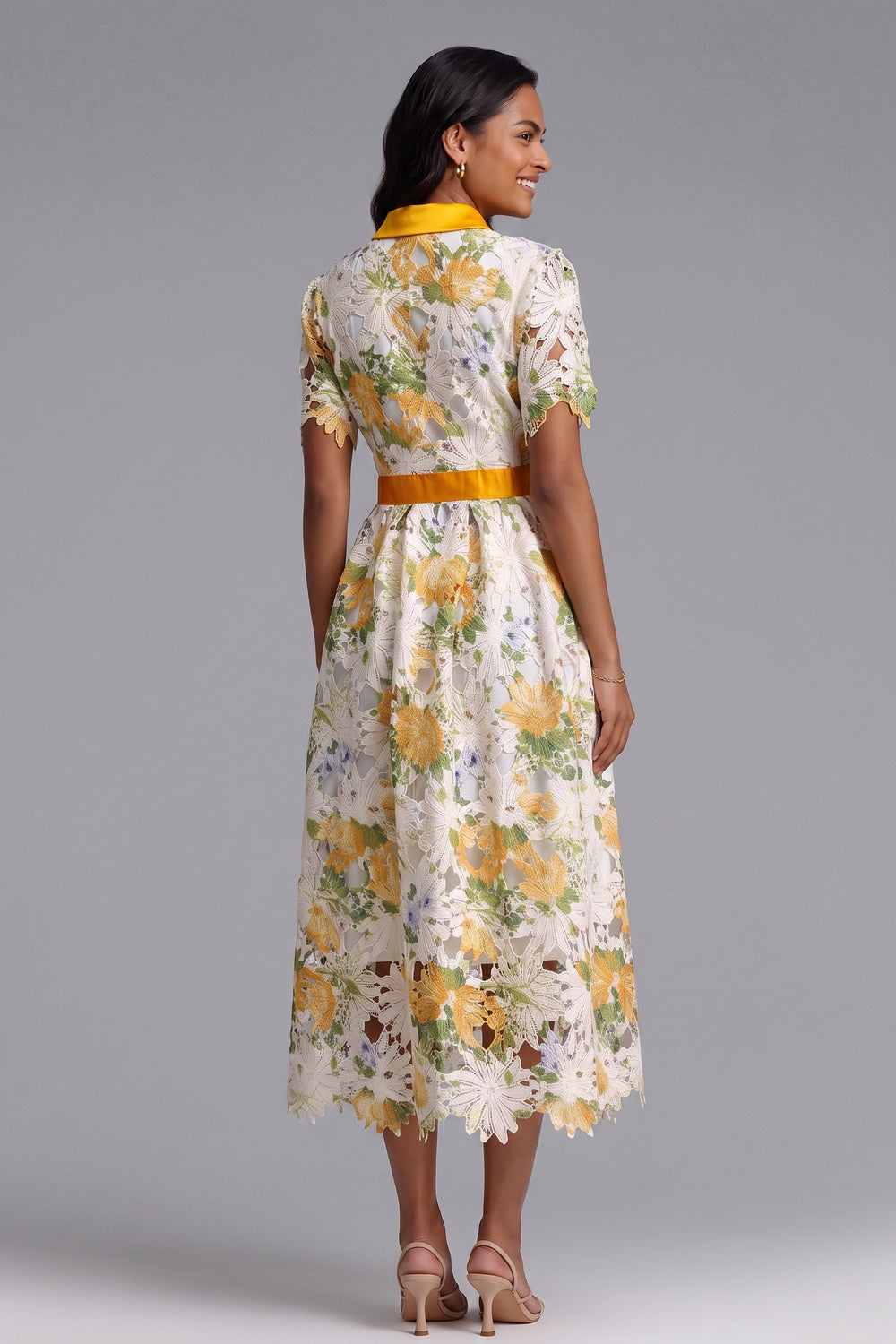 White Guipure Floral Lace A-Line Midi Dress with Yellow Satin Accents - OWNCI White Guipure Floral Lace A-Line Midi Dress with Yellow Satin Accents - OWNCI