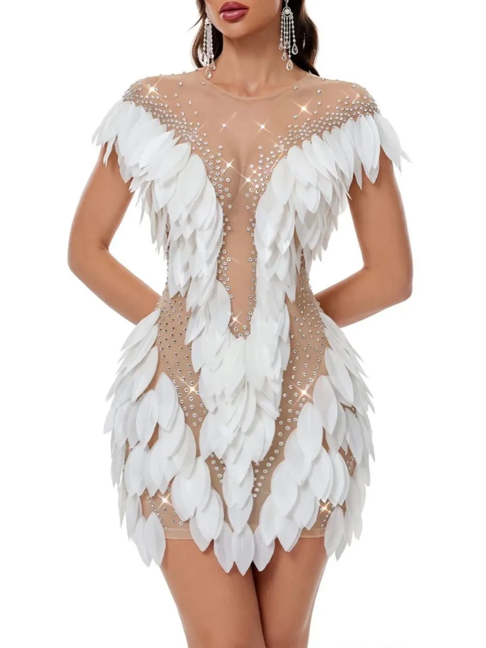 Ekruna Rhinestone Leaf Mini Dress - OWNCI