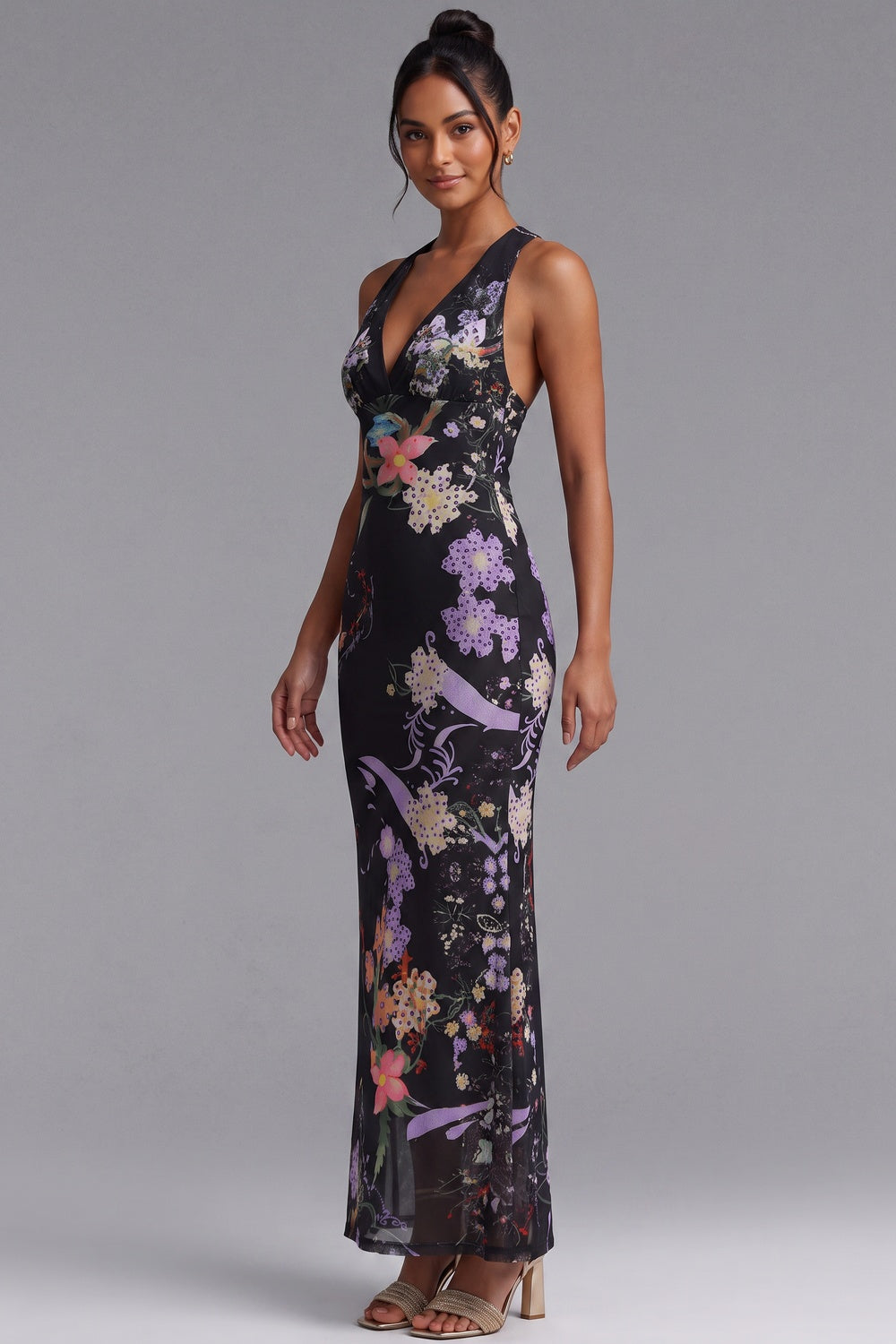 Black Sheer Mesh Fitted Column Maxi Dress with Engineered Floral Print - OWNCI