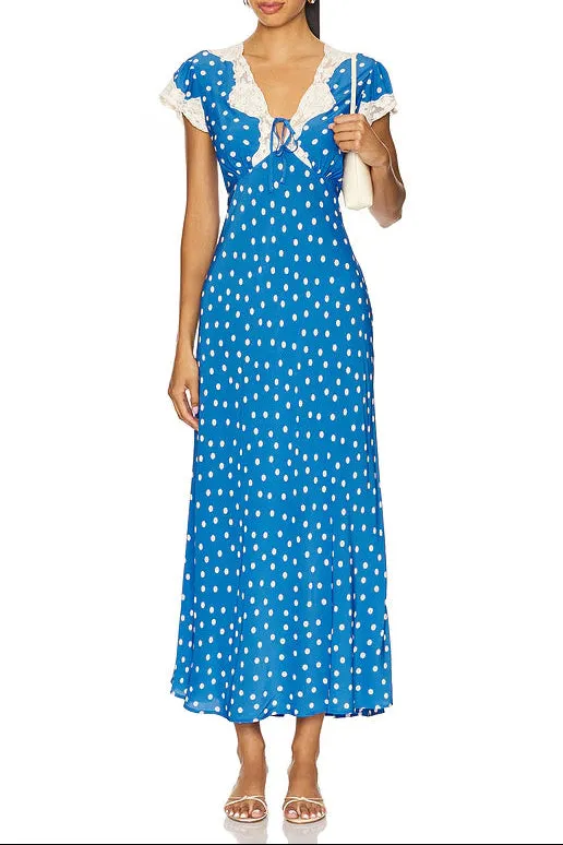 Lyuba Polka Dot Lace-Trimmed V-Neck Maxi Dress In Blue - OWNCI