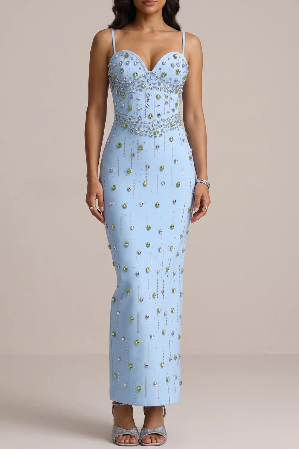 Spaghetti Strap Sweetheart Neck Two-Tone Rhinestone Midi Dress - OWNCI Spaghetti Strap Sweetheart Neck Two-Tone Rhinestone Midi Dress - OWNCI