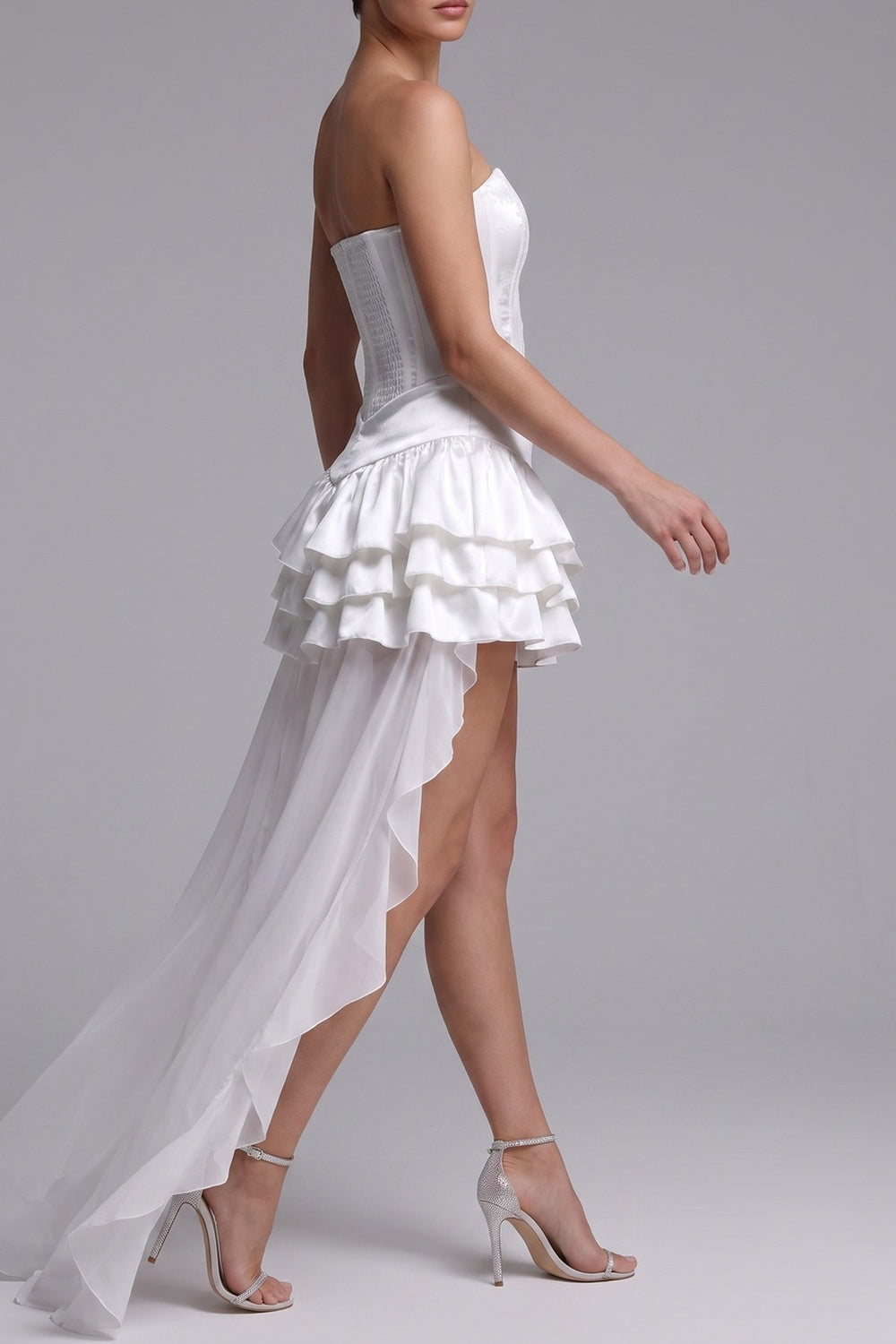 Strapless Textured Corset High Low Ruffle Mini Dress - OWNCI