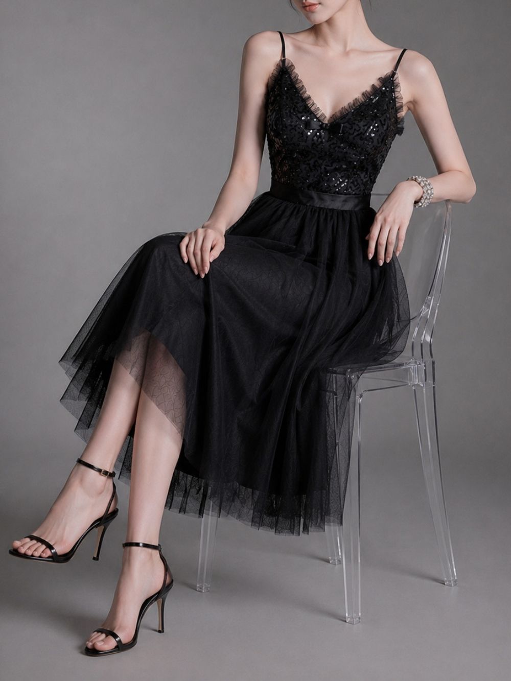 Maureen Black Spaghetti Mesh Midi Dress - OWNCI