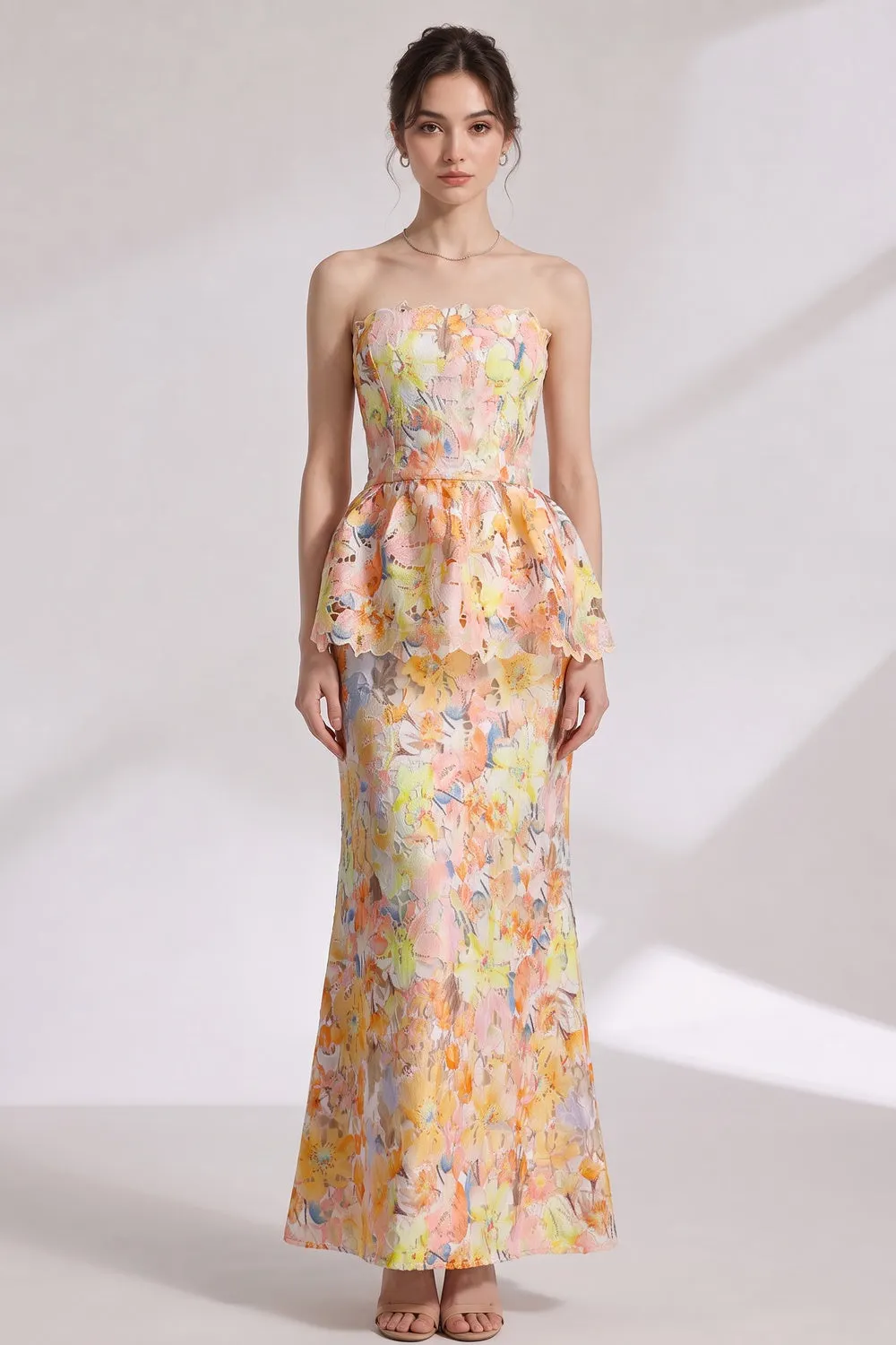 Yellow Laser-Cut Lace Column with Peplum Gown - OWNCI