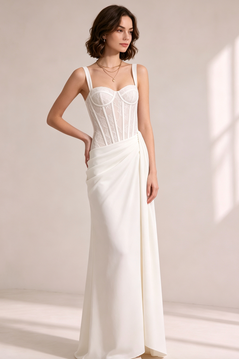 White Lace Corset Spaghetti Strap Draped Satin Maxi Gown - OWNCI