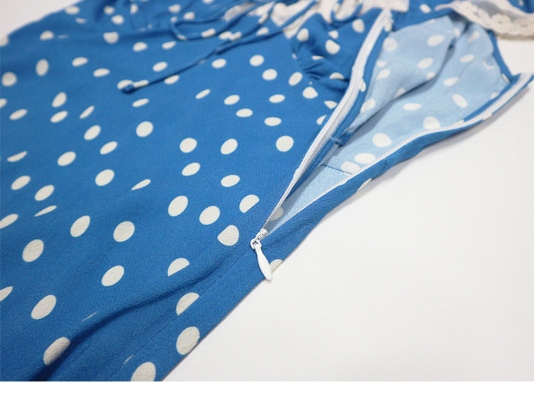 Lyuba Polka Dot Lace-Trimmed V-Neck Maxi Dress In Blue - OWNCI Lyuba Polka Dot Lace-Trimmed V-Neck Maxi Dress In Blue - OWNCI