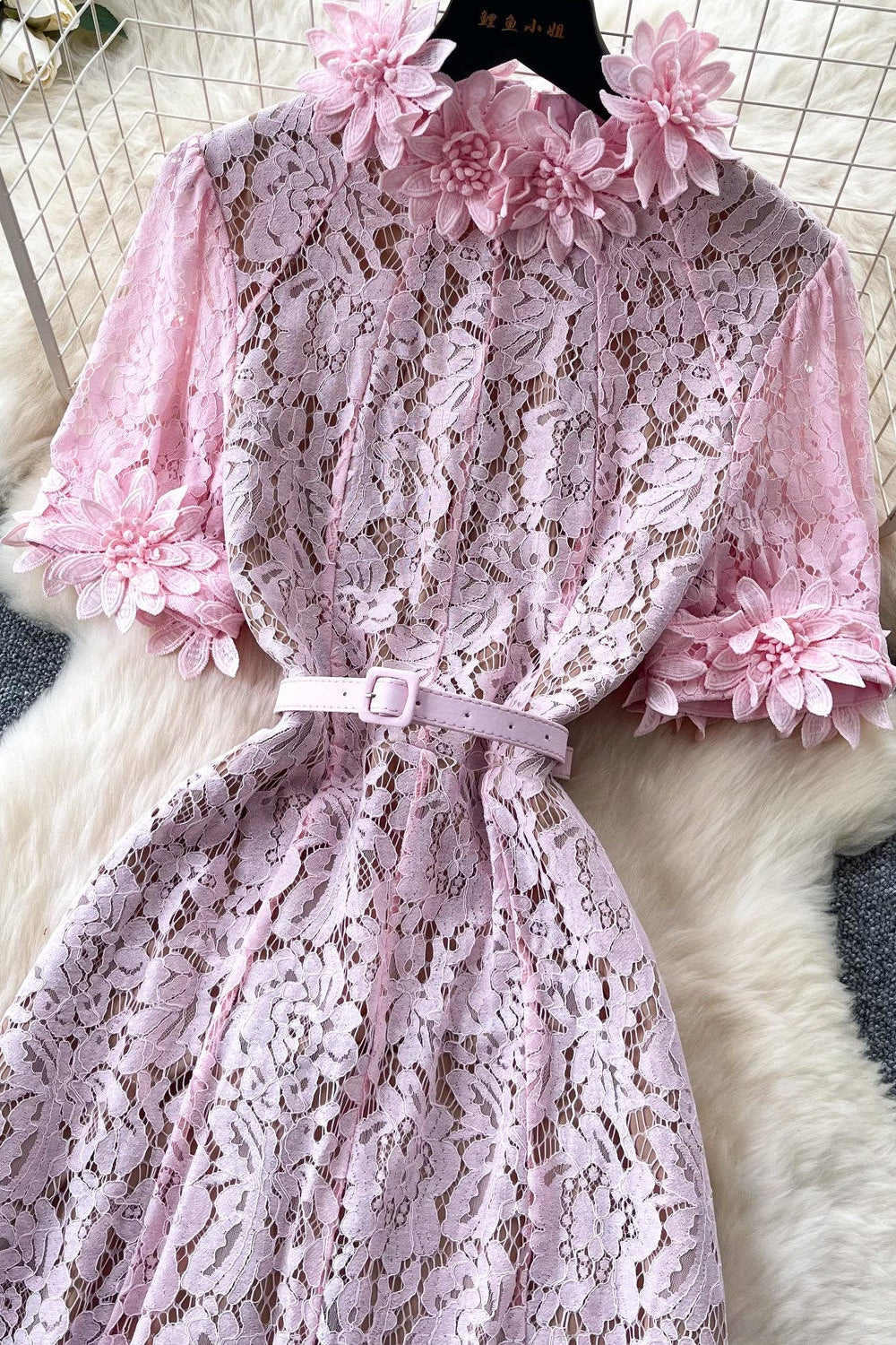 Pink Floral Lace A-Line Midi Dress - OWNCI