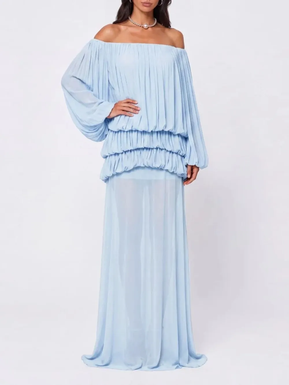 Gracja Off Shoulder Tiered Dress In Sky Blue - OWNCI Gracja Off Shoulder Tiered Dress In Sky Blue - OWNCI