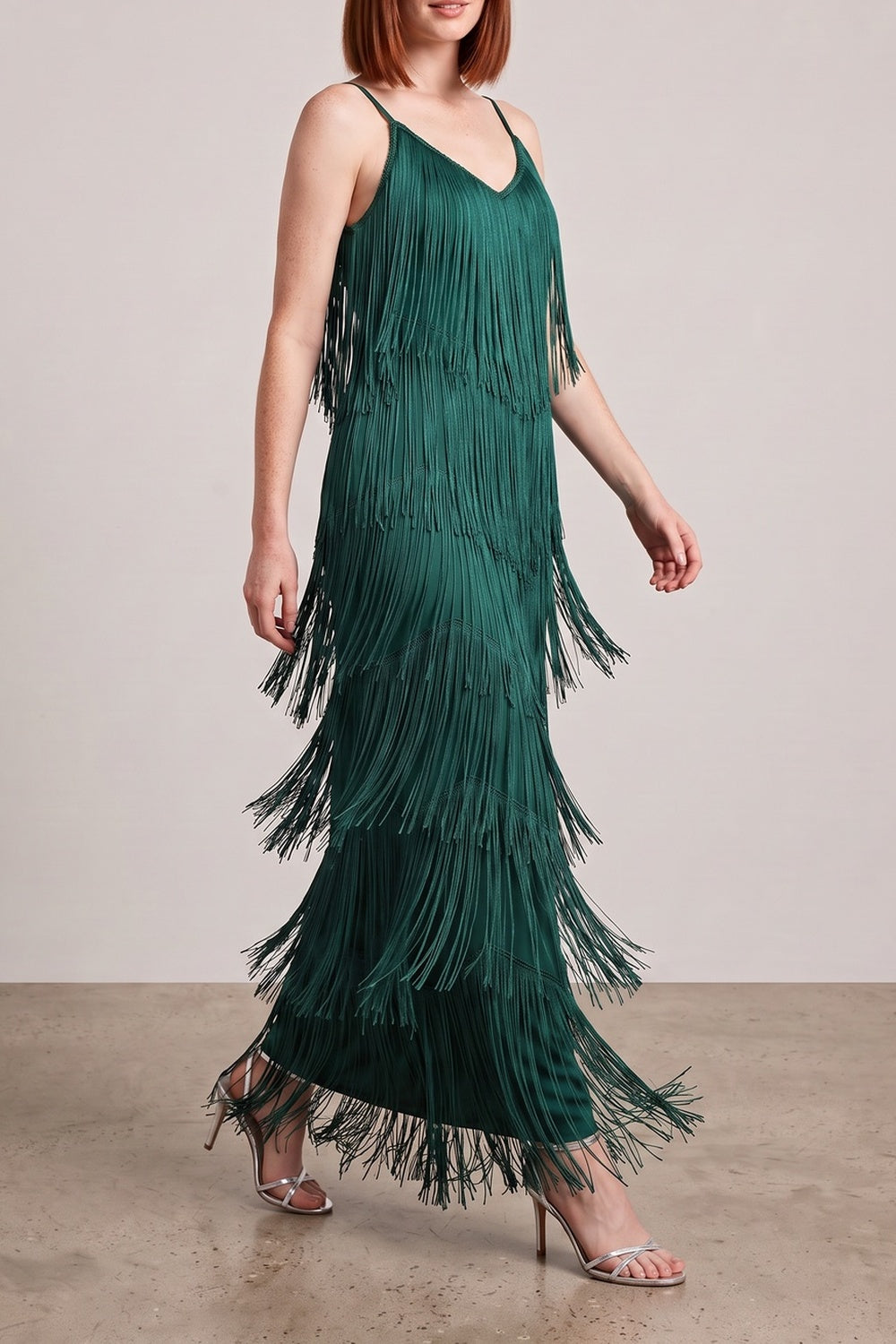 Spaghetti Strap V-Neck Layered Fringe Maxi Dress - OWNCI
