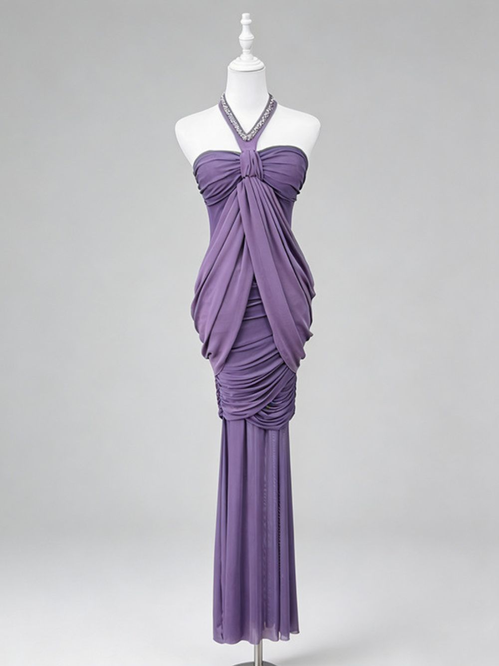 Halter Crystal Draped Corset Maxi Dress Purple - OWNCI