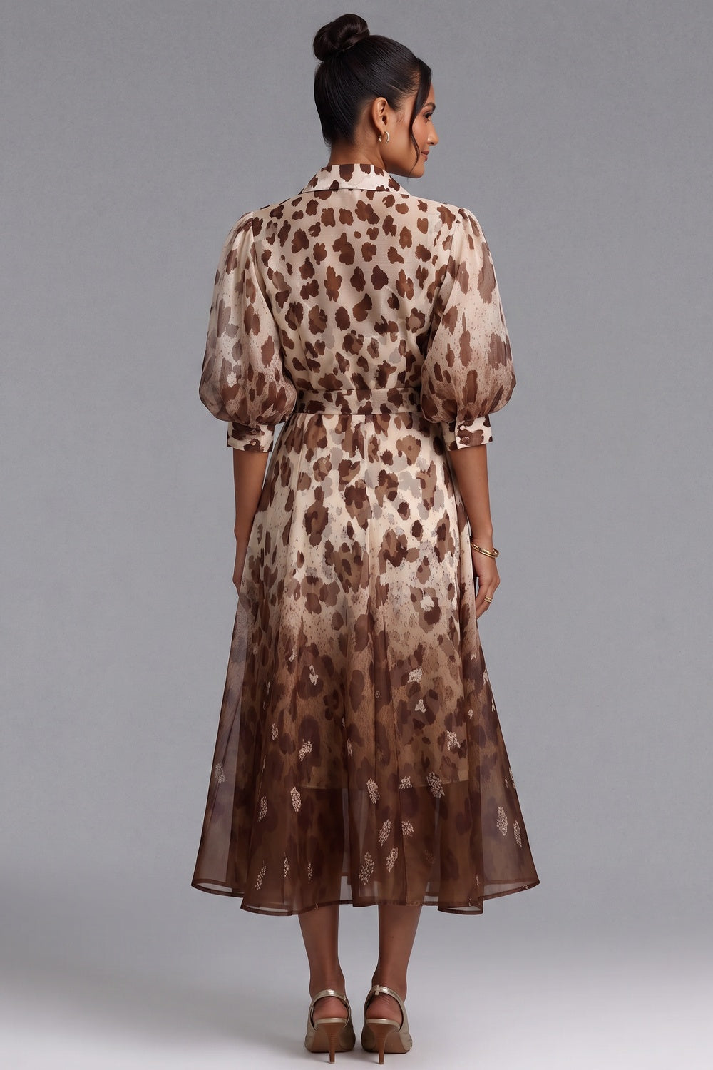 Ombre Leopard Print Puff Sleeve Midi Shirt Dress - OWNCI Ombre Leopard Print Puff Sleeve Midi Shirt Dress - OWNCI