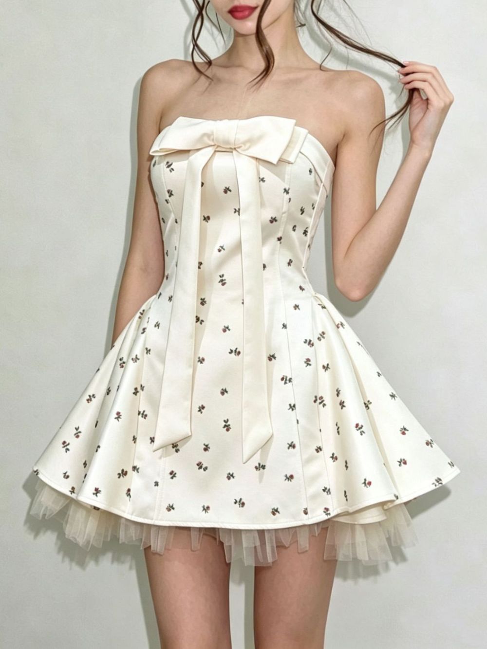 Iola Strapless Bowknot Floral Mini Dress - OWNCI