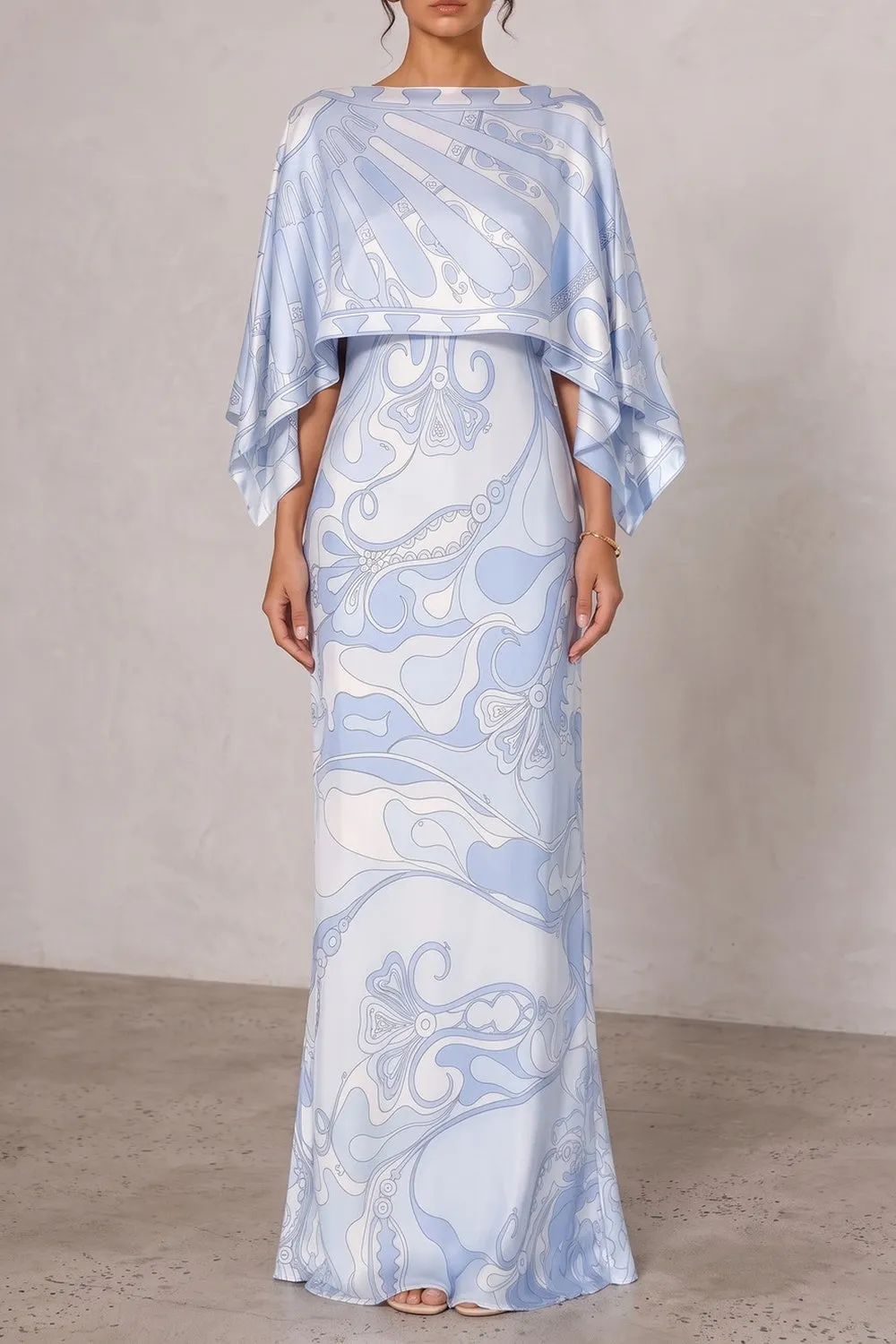Printed Cape Satin Maxi Dress - OWNCI Printed Cape Satin Maxi Dress - OWNCI