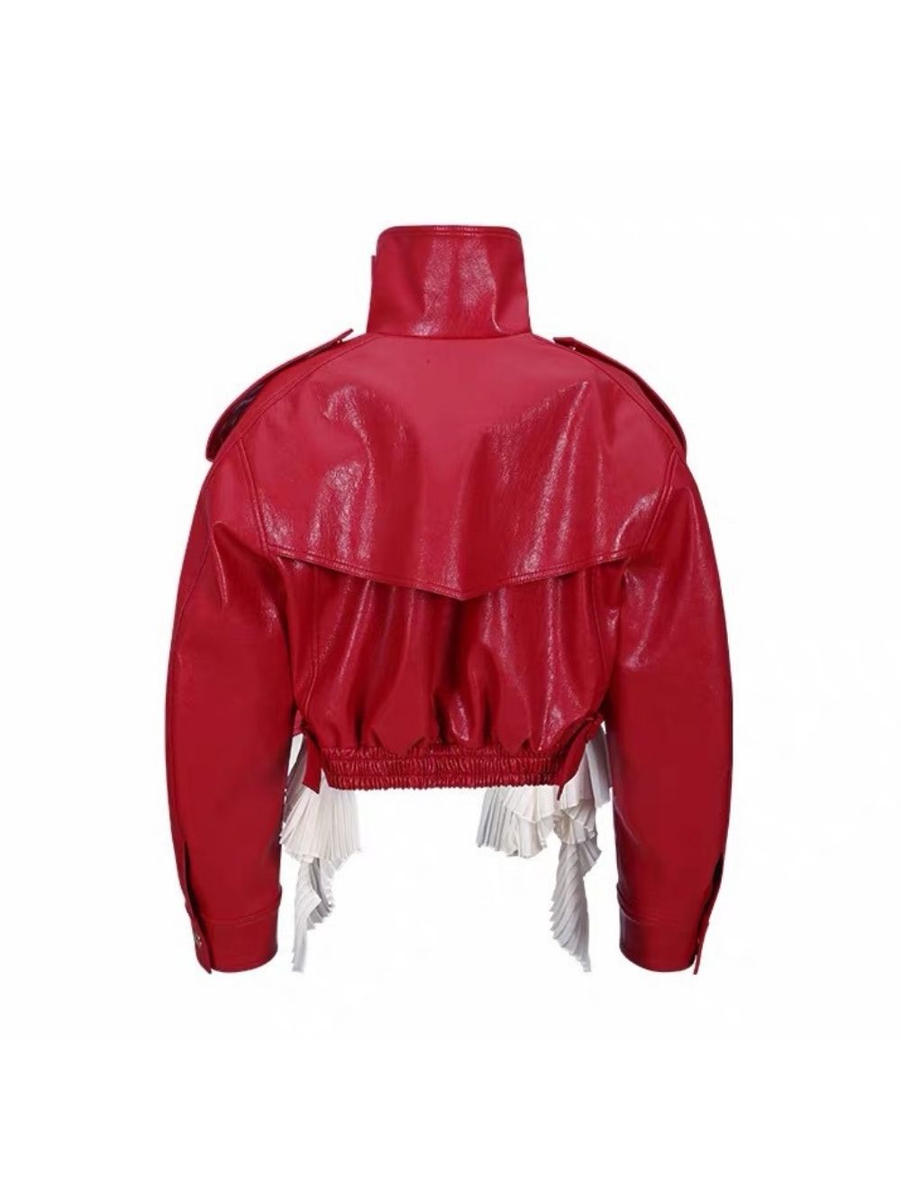 Maysa Red PU Leather Ruffle Jacket - OWNCI