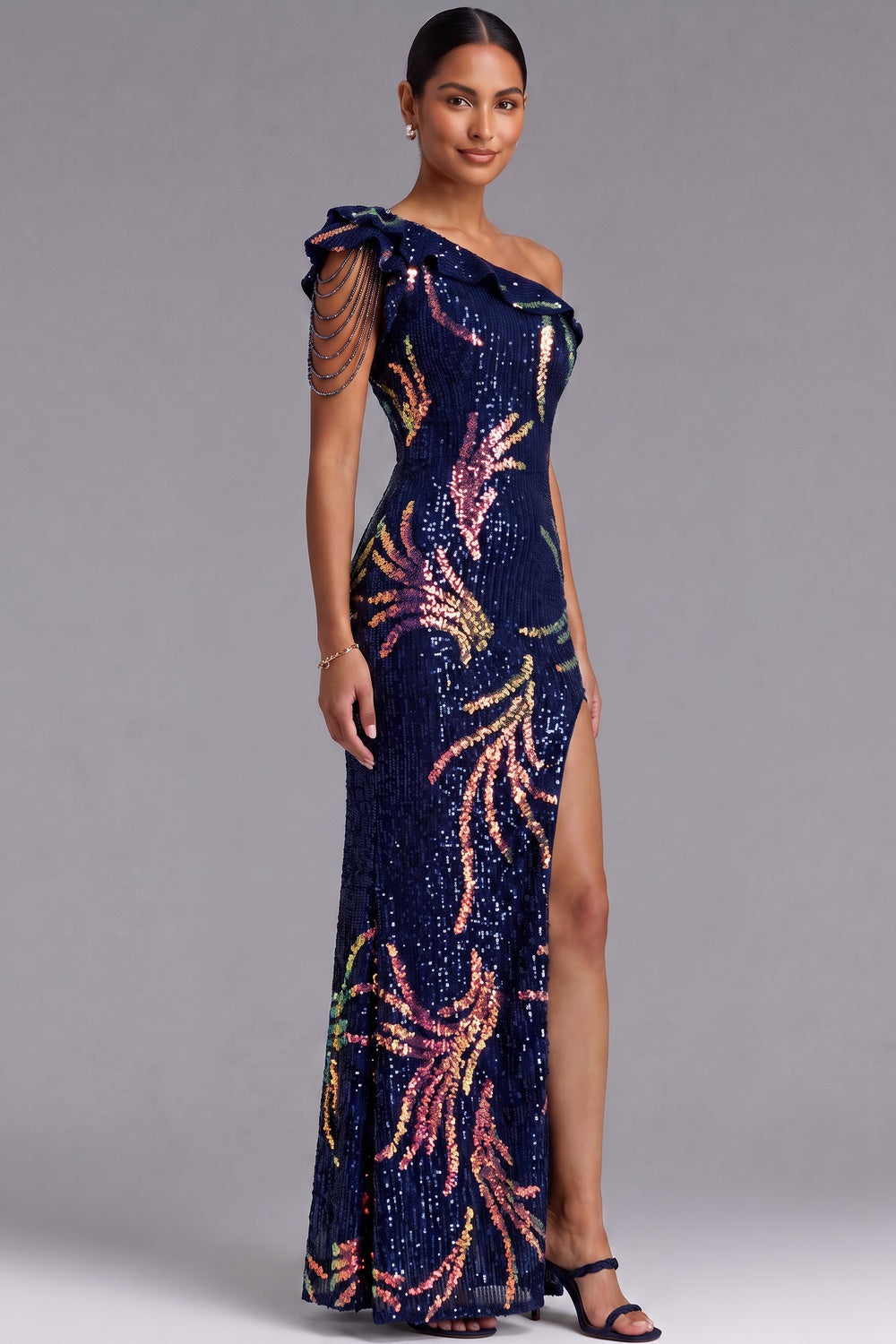 Navy Blue One-Shoulder Sequin Maxi Gown - OWNCI